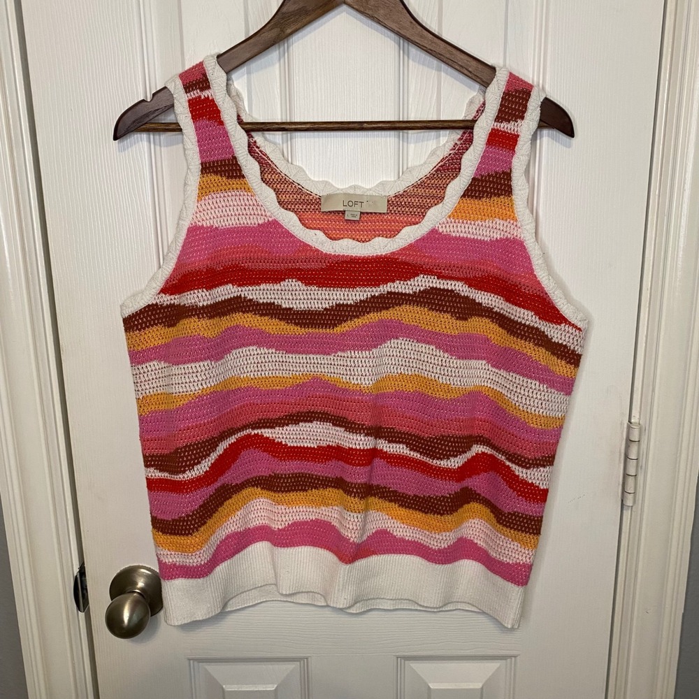LOFT Knit Sweater Top Womens Large Pink Orange Stripe Scallop Trim Cottagecore‎
